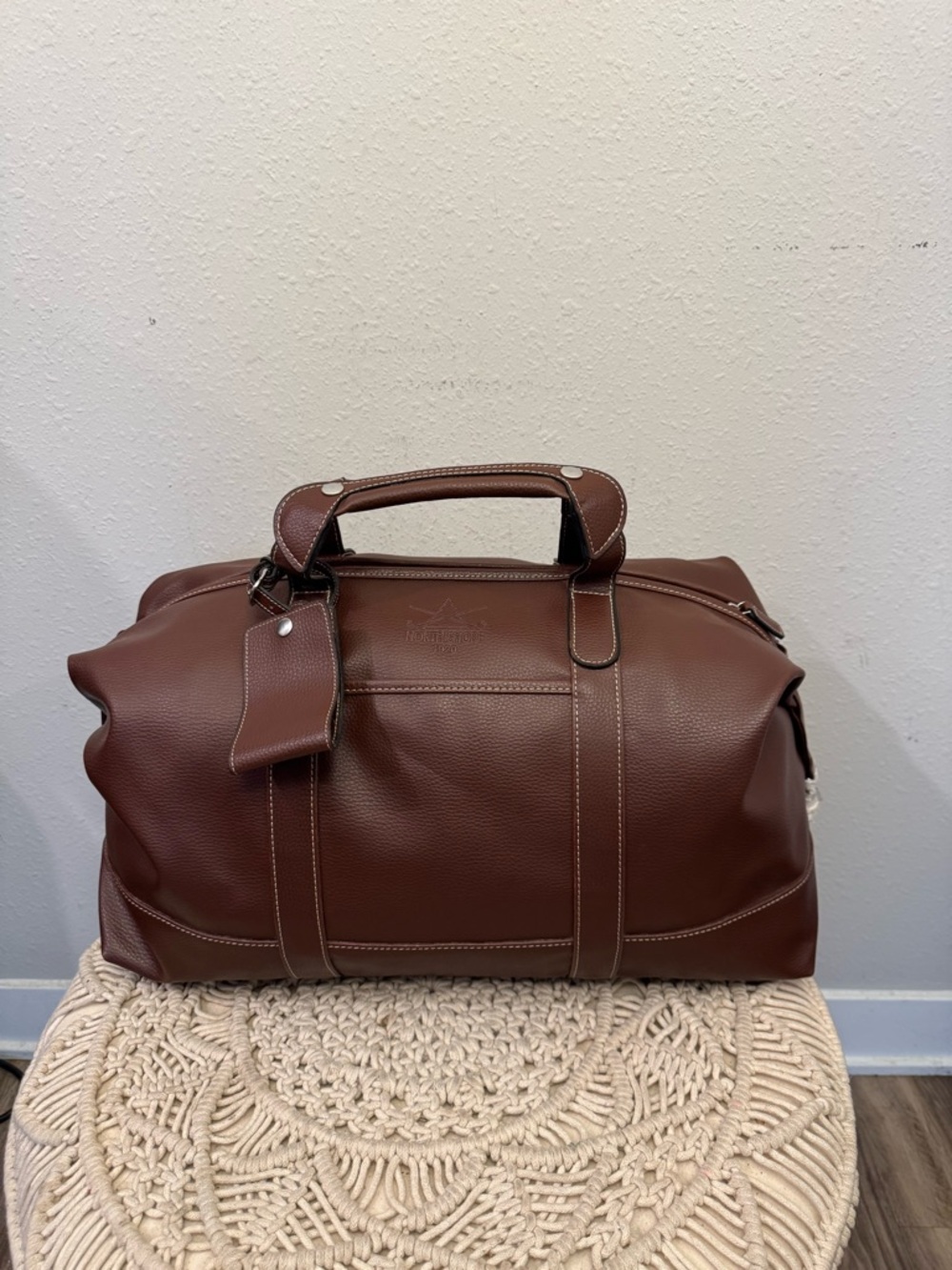 Men's Brown Leather Duffel Bag with Detachable Tag